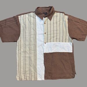 Metafuori Of New York Two-tone Color Block Brown XXL Long Sleeve Linen Blend
